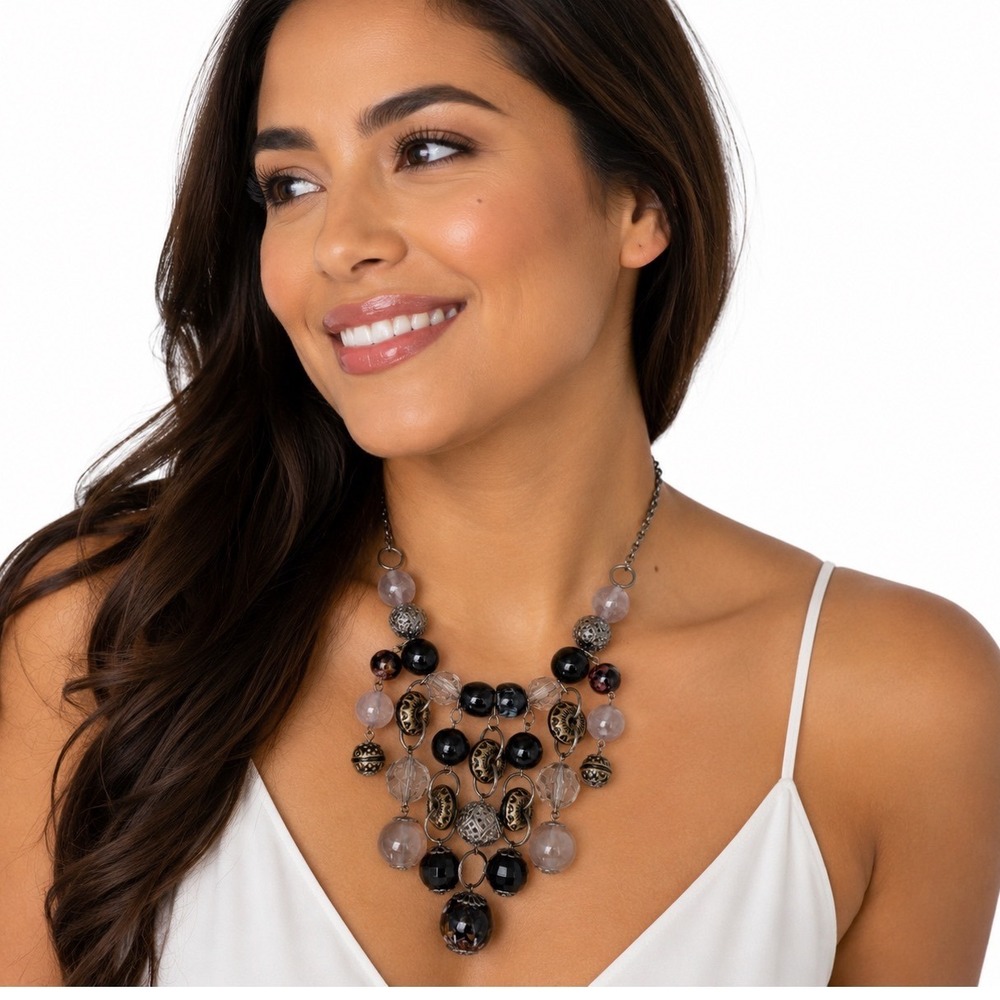 KR Bib Necklace Gunmetal Beaded Multi Strand Leopard Tortoise Gold Tone 103-168